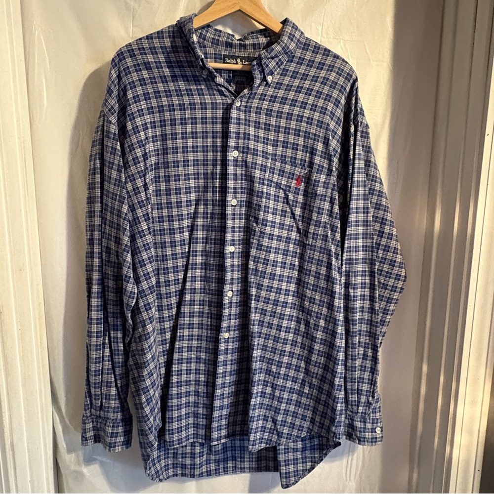 Vtg Ralph Lauren Shirt Button Down Blaire Size XL Blue White Plaid Check Preppy